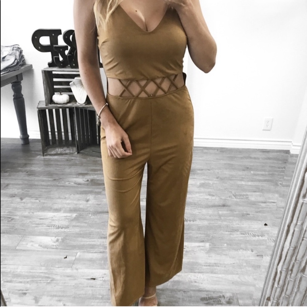 NWT- Camel Faux Suede Cutout Jumpsuit